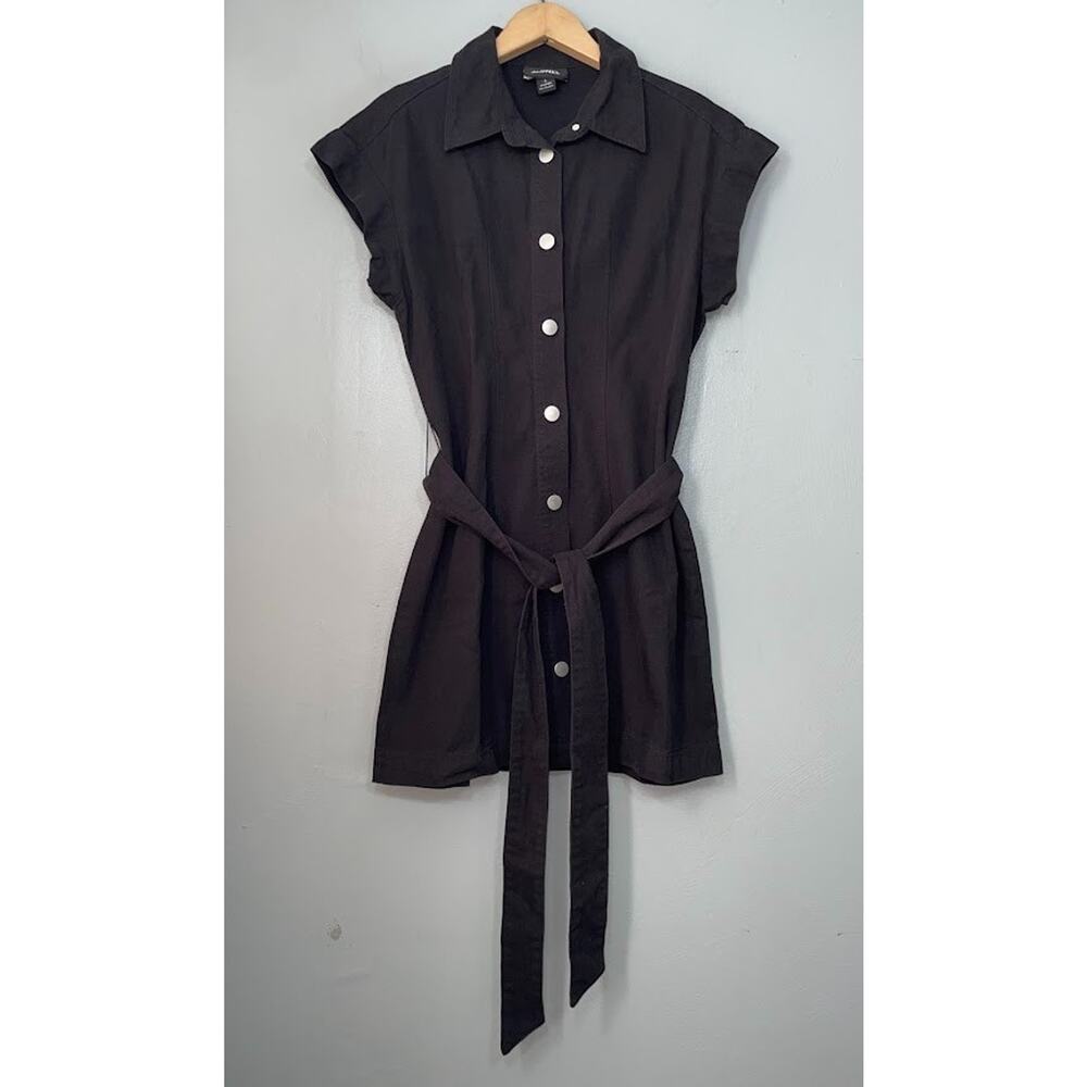 Monkl Bodycon Dress Size Small Black Canvas Button Up Mini Tie Belted Emo Goth